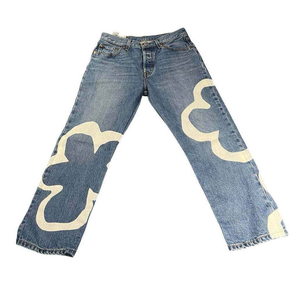 Levi's 501 Women's W28 x L25 Crop Paint Flower Wavy Lined Straight Denim Jeans